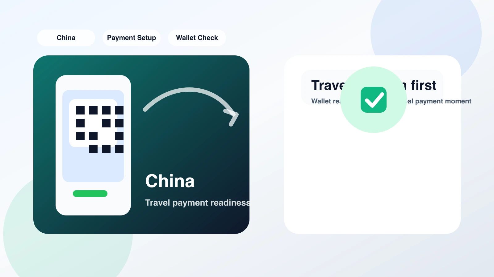 Traveler verifying an Alipay-style mobile wallet on a smartphone before paying by QR code